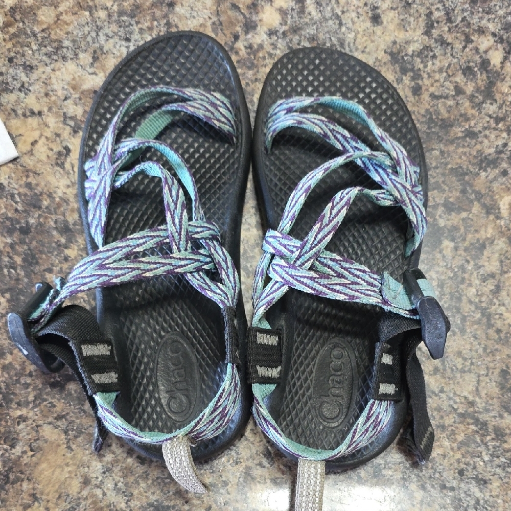 Chaco Black Sandals with Teal, Purple & Light Blue Straps
